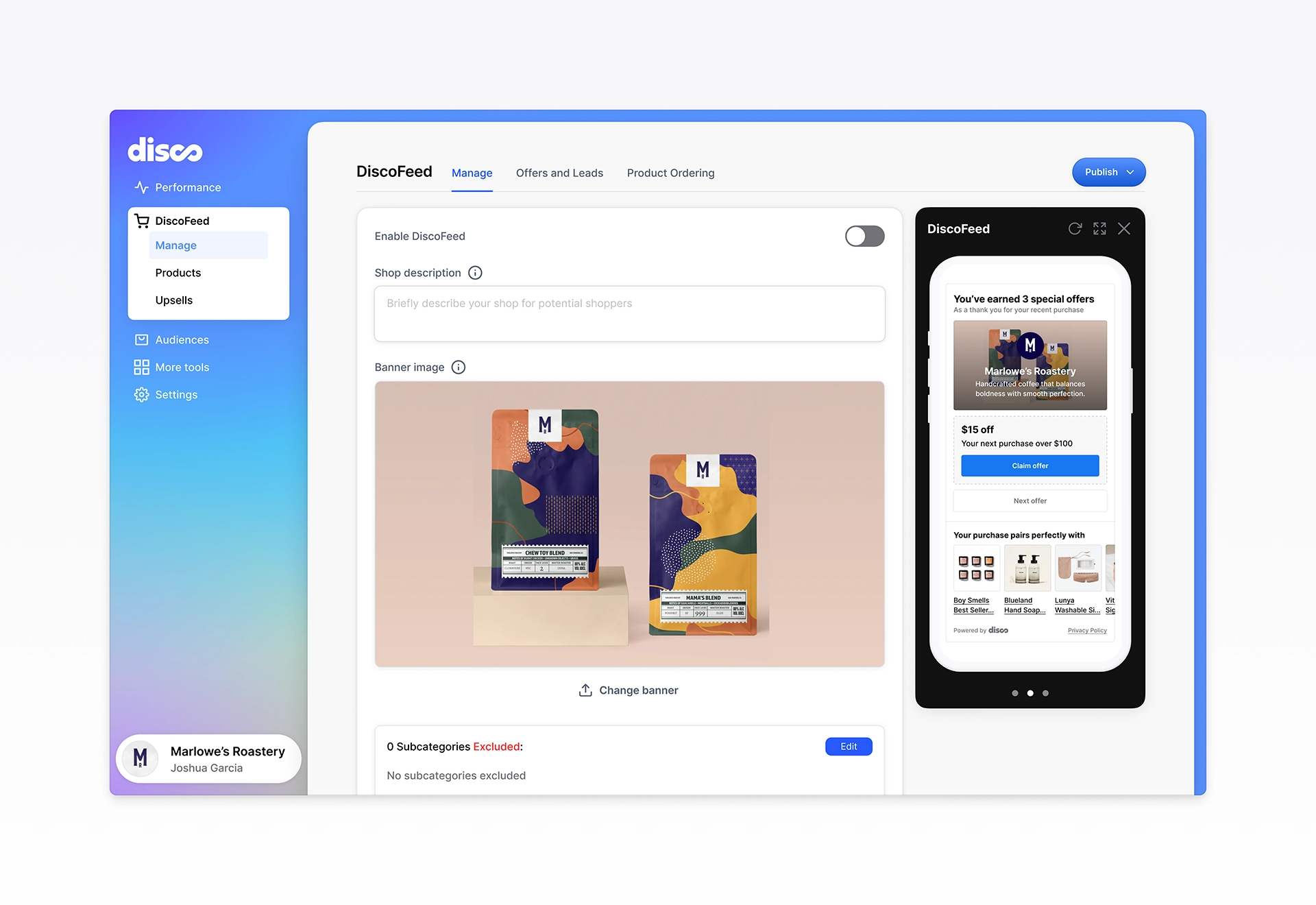 DiscoFeed management interface showing controls for enabling the feed, editing shop details, and previewing the mobile offer experience. Demonstrates dashboard UX, merchant tooling, and a unified ad and publishing workflow designed to improve clarity and control for brands.