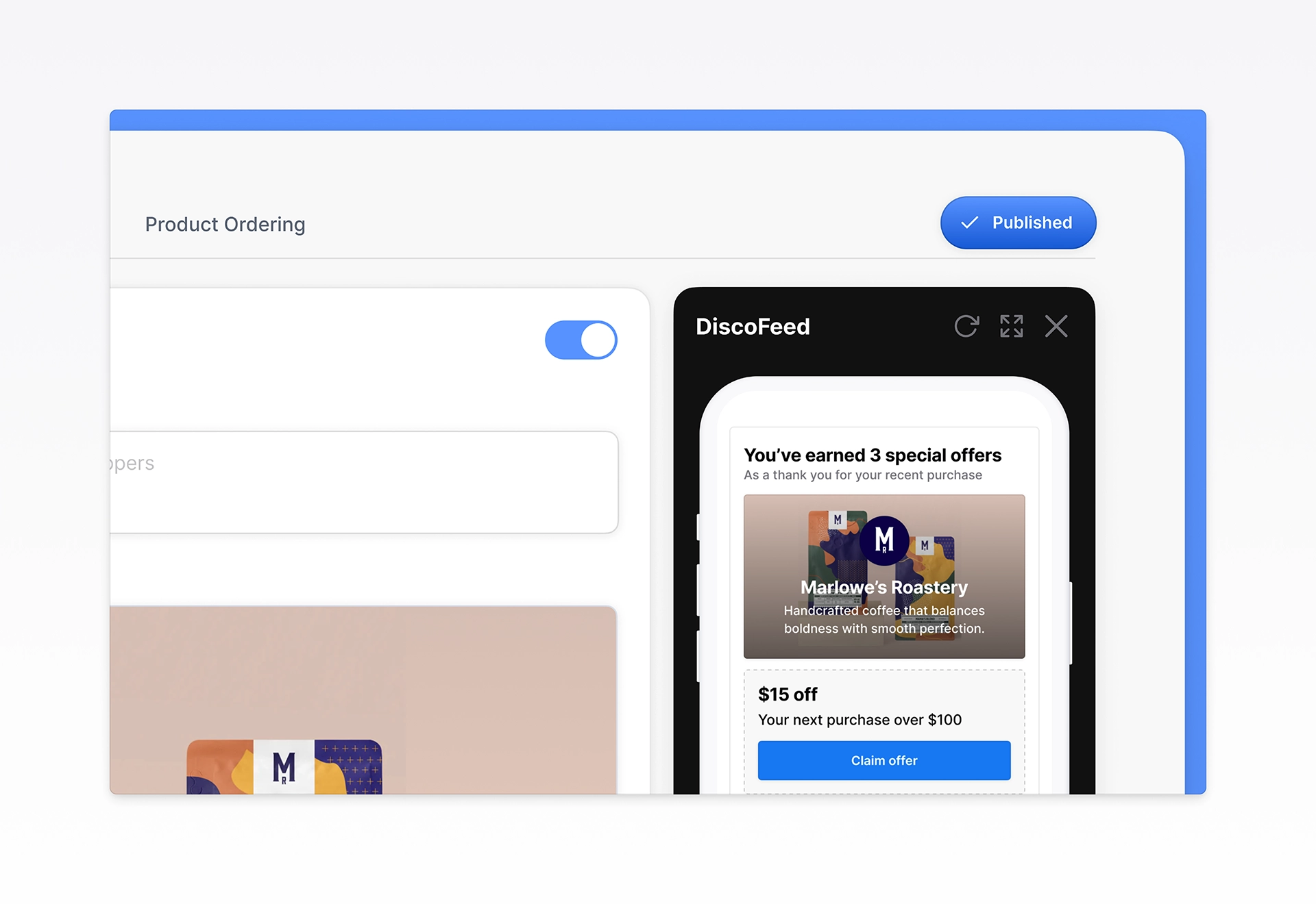 Published state in the DiscoFeed dashboard showing an active feed and mobile preview of live shopper offers. Demonstrates system feedback, activation status, and merchant-facing controls that help brands understand when their feed is successfully published.