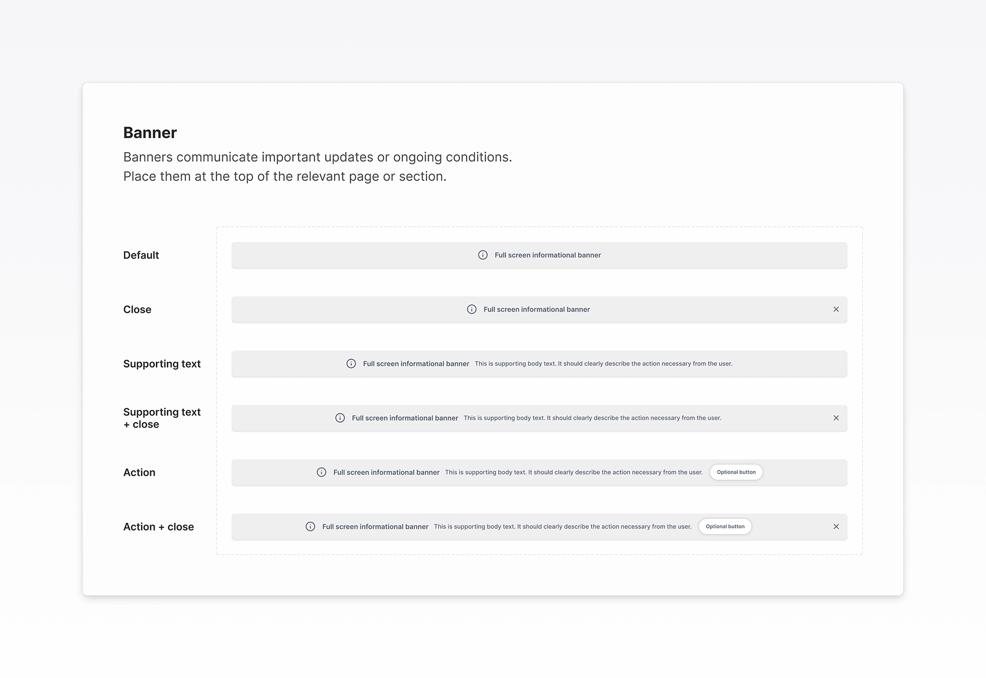 Banner component variants showing default, close, supporting text, and action patterns. Demonstrates scalable design system architecture, clear hierarchy, and reusable UI components used to communicate important updates across the product