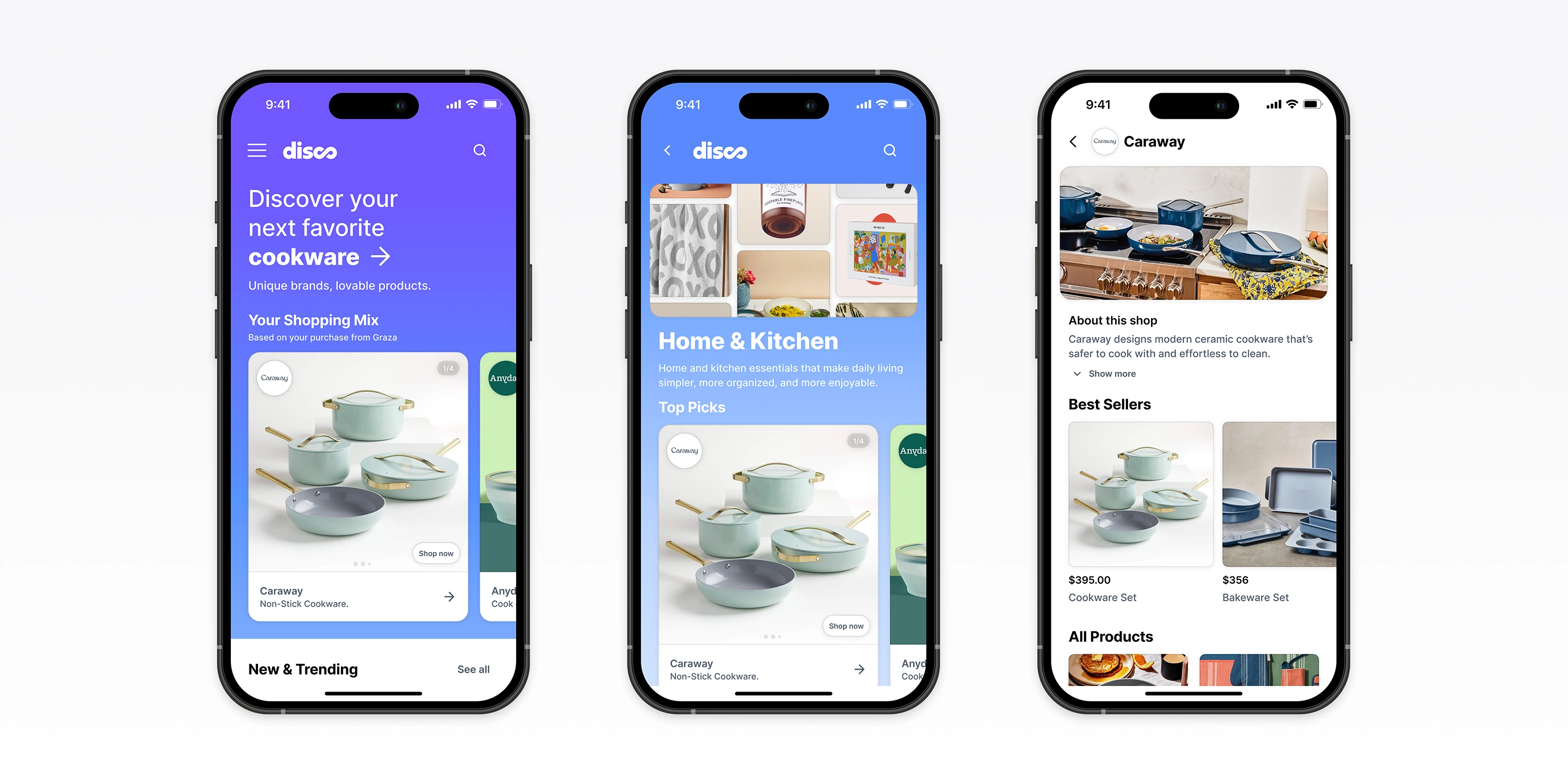 Mobile discovery flow for The Disco Collective showing the home page, category view, and brand page. Demonstrates how the redesigned browsing experience introduced clearer structure, brand context, and smoother navigation to support ecommerce discovery and shopper engagement beyond the post-purchase moment.