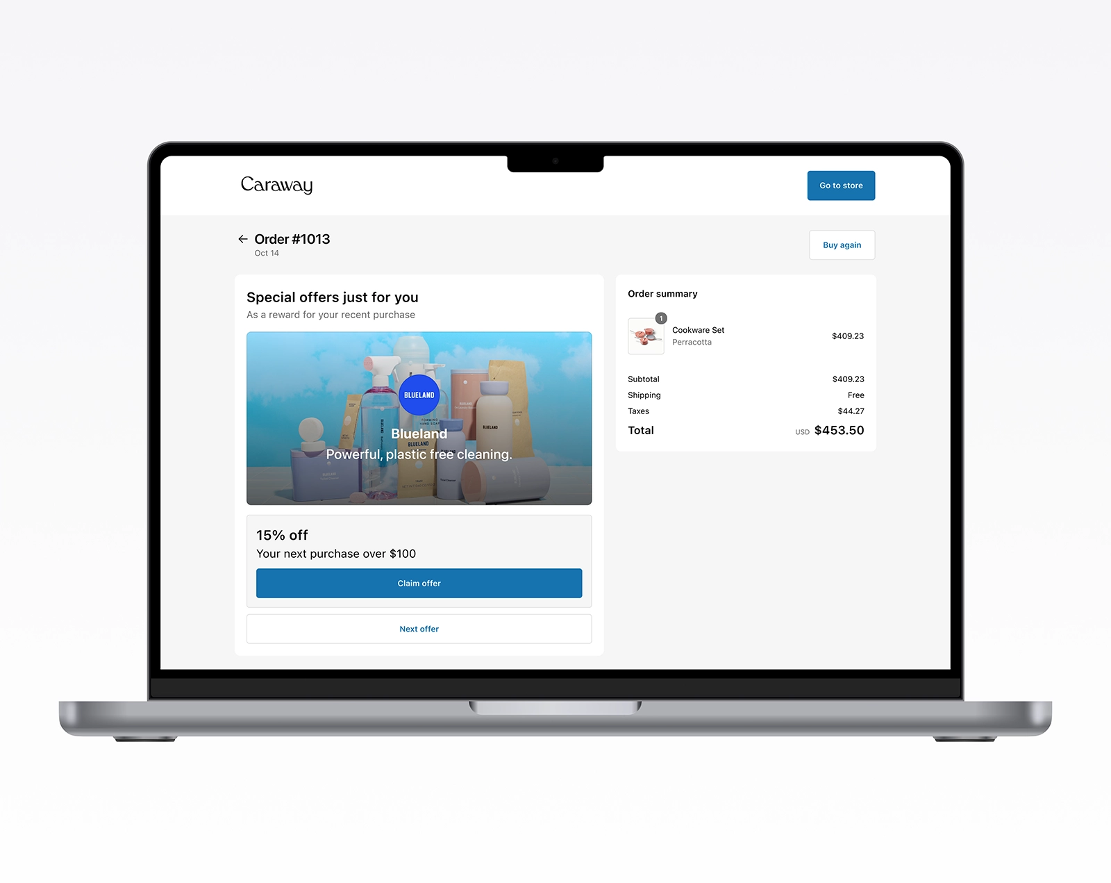 Desktop post-purchase experience for Caraway featuring a redesigned offer module highlighting a Blueland discount. Demonstrates an ecommerce UX focused on clarity, brand visibility, and seamless redemption within the order confirmation flow, improving engagement and conversion through a clean, distraction-free layout powered by Disco.