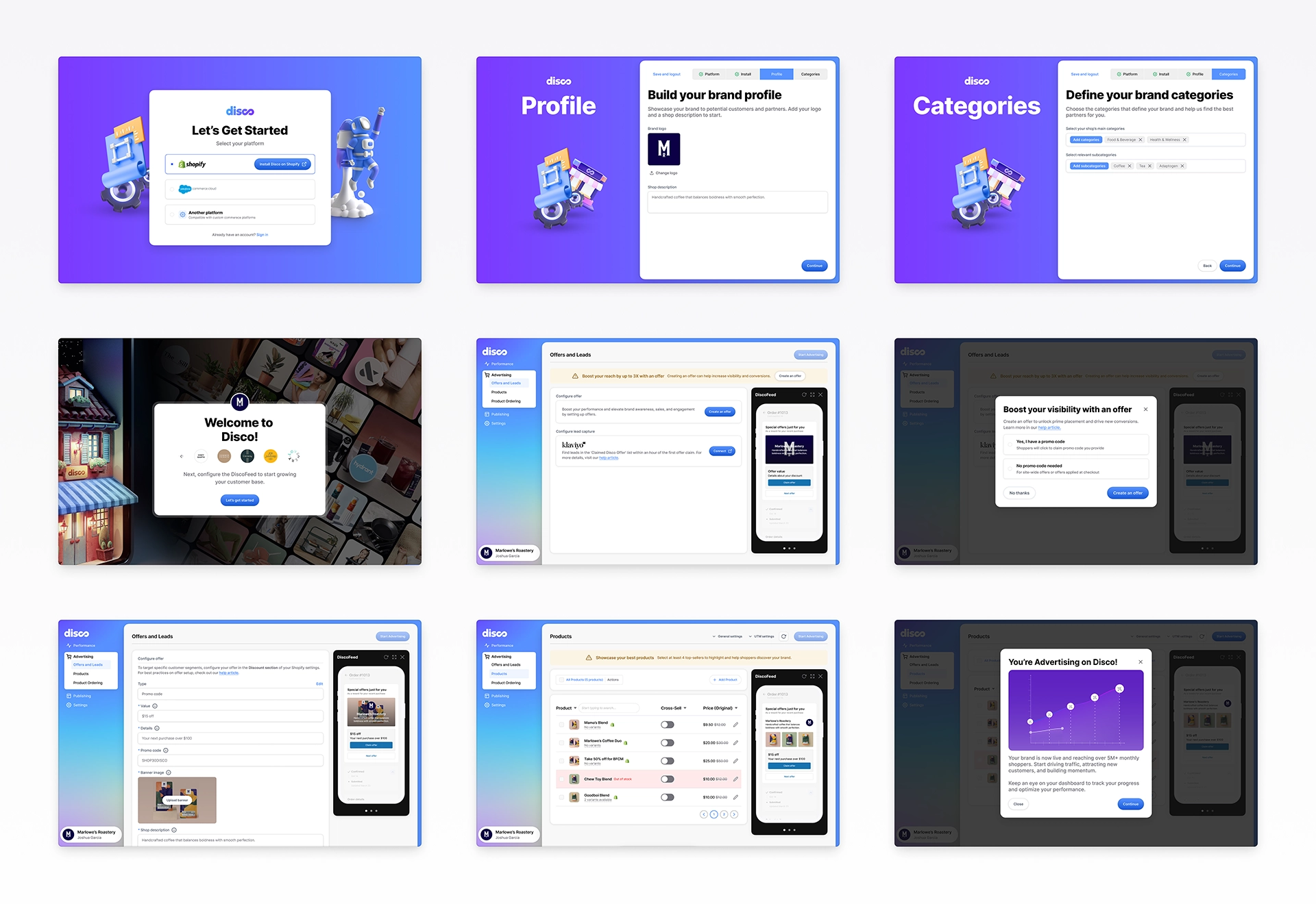 Desktop onboarding flow for Disco showing redesigned brand setup screens. Demonstrates a simplified, two-phase onboarding experience that helps brands create profiles, define categories, and launch offers. Highlights scalable UX patterns for faster setup, clearer navigation, and flexible brand participation across advertising and publishing.