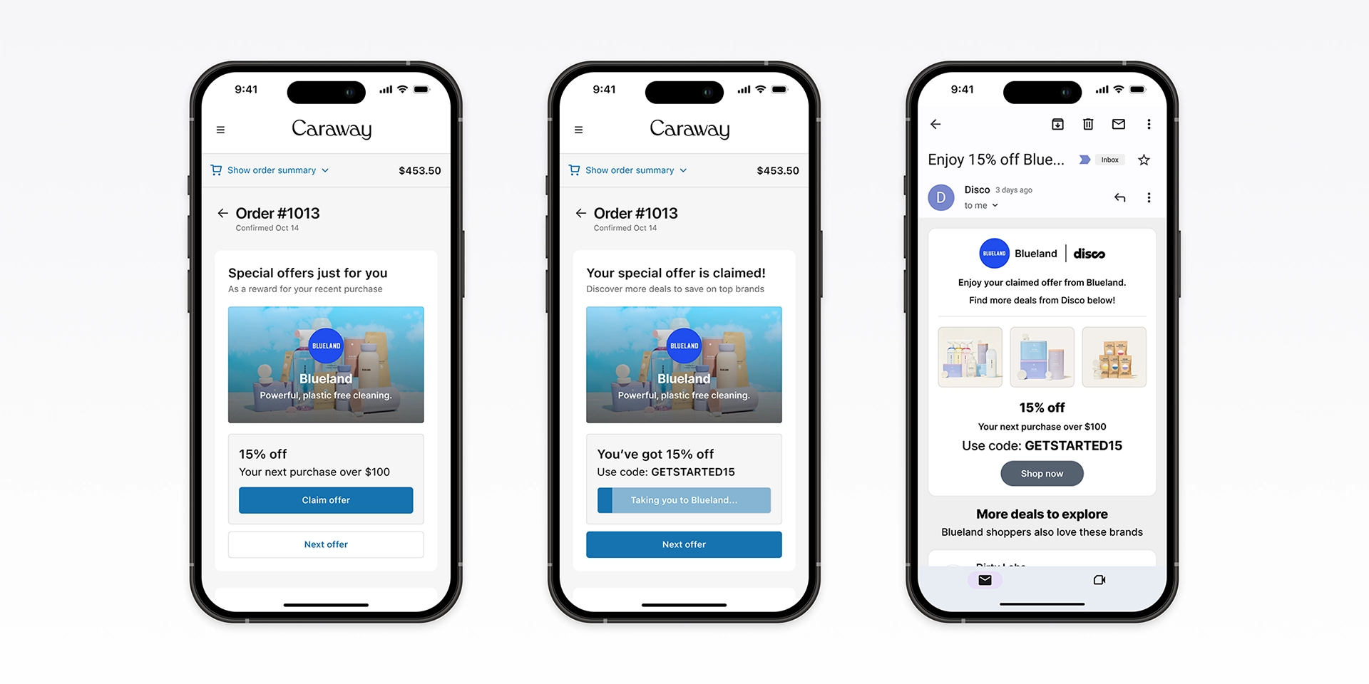 Mobile post-purchase flow for Caraway demonstrating a redesigned offer redemption experience. Shows how shoppers claim a 15% off Blueland promotion through the confirmation page and follow-up email, highlighting streamlined ecommerce UX and conversion-focused design powered by Disco.
