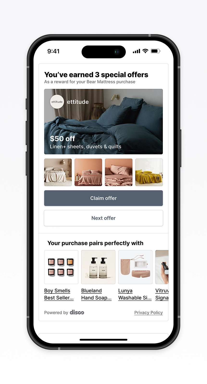 Mobile post-purchase screen for Bear showcasing personalized offer recommendations. Highlights an Ettitude $50 off promotion alongside complementary product suggestions, demonstrating conversion-focused ecommerce UX and seamless offer redemption powered by Disco.
