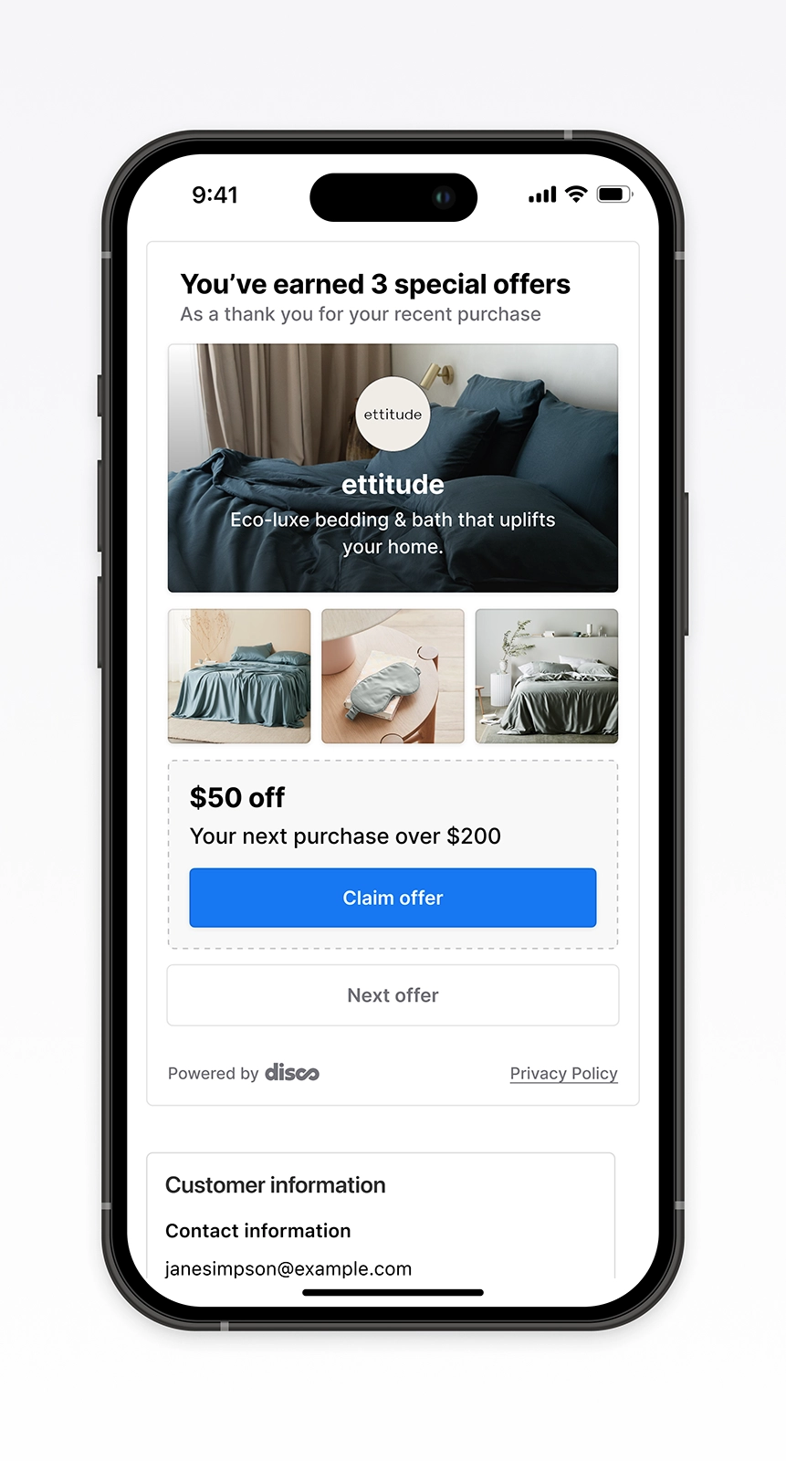 Mobile post-purchase screen showcasing an Ettitude $50 off offer presented after checkout. Demonstrates how personalized rewards are integrated into the confirmation flow to enhance engagement, streamline offer redemption, and strengthen ecommerce UX powered by Disco.