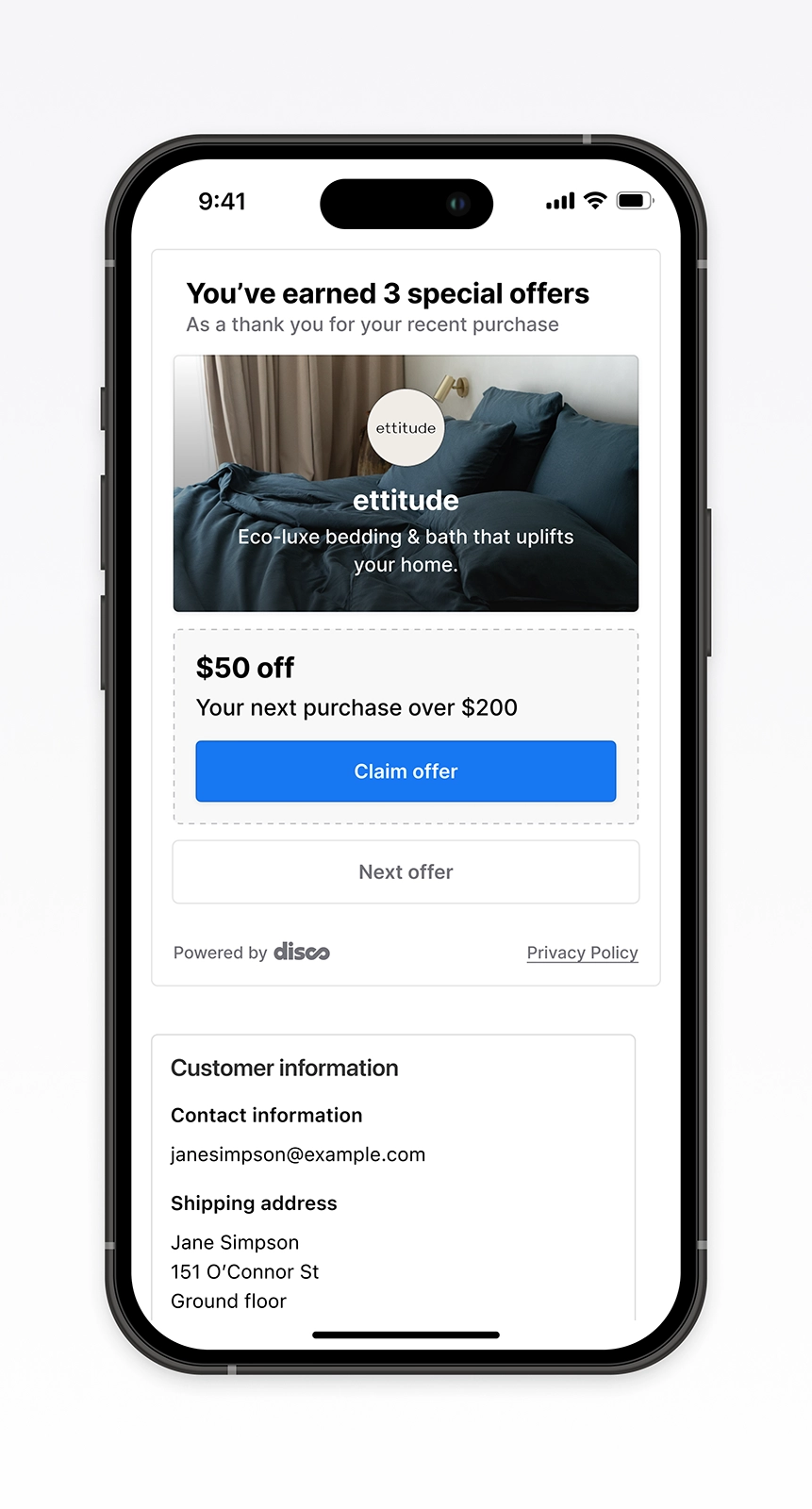 Mobile post-purchase flow showcasing a personalized Ettitude $50 off offer within the checkout confirmation page. Demonstrates seamless integration of rewards into the ecommerce UX to increase engagement and conversion through contextual, conversion-focused design powered by Disco.