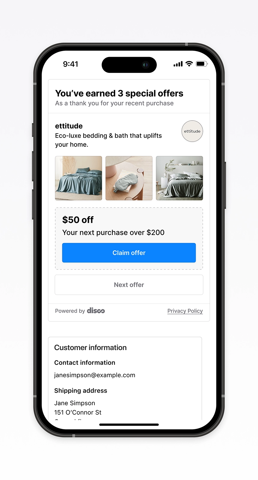 Mobile post-purchase screen highlighting a personalized Ettitude $50 off offer presented after checkout. Demonstrates how contextual rewards are integrated into the confirmation page to enhance engagement, streamline offer redemption, and strengthen ecommerce UX powered by Disco.