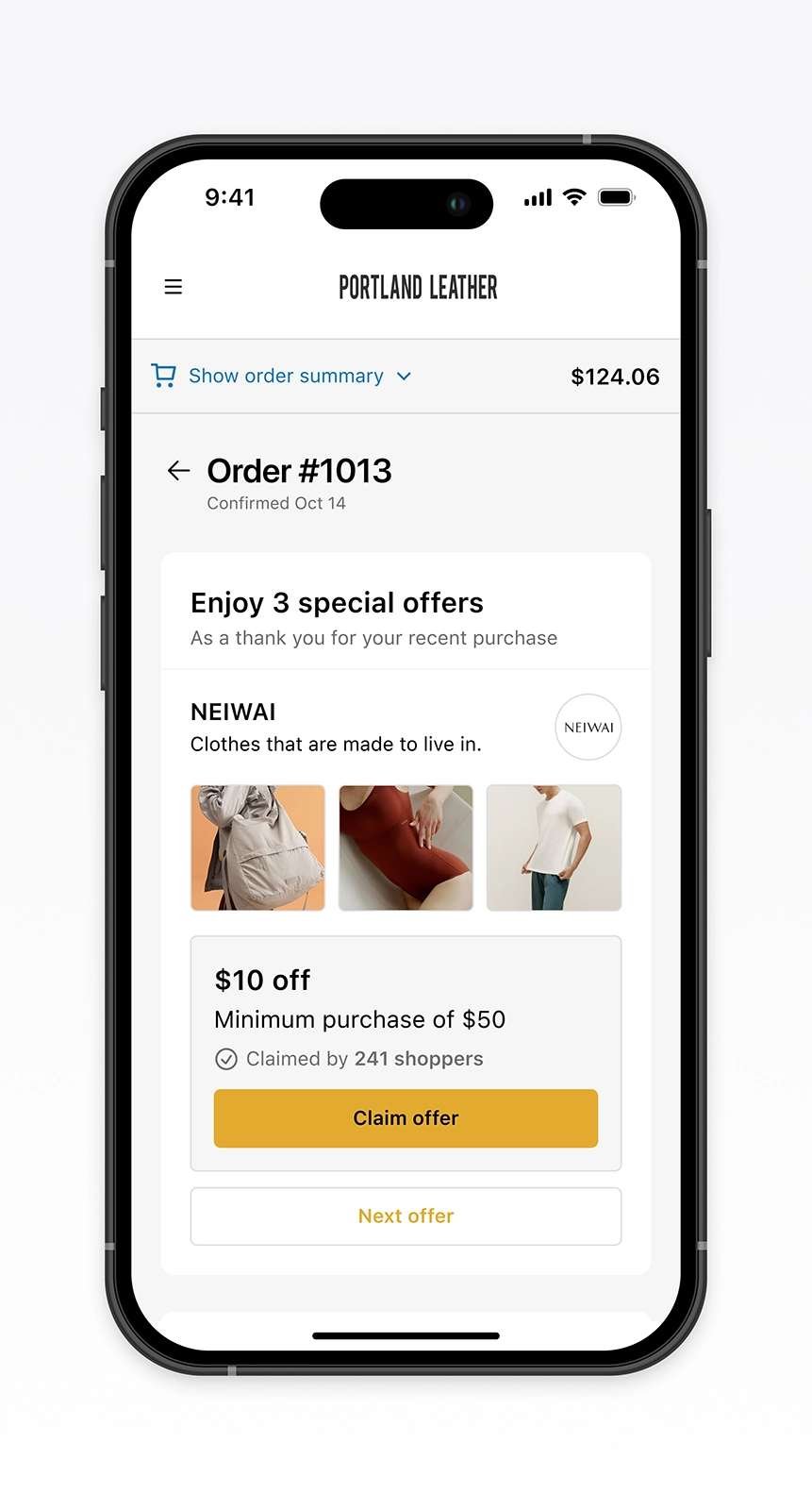 Mobile post-purchase screen for Portland Leather highlighting a NEIWAI $10 off promotion. Demonstrates how contextual offers are surfaced after checkout to drive engagement and repeat purchase through conversion-focused ecommerce UX powered by Disco.