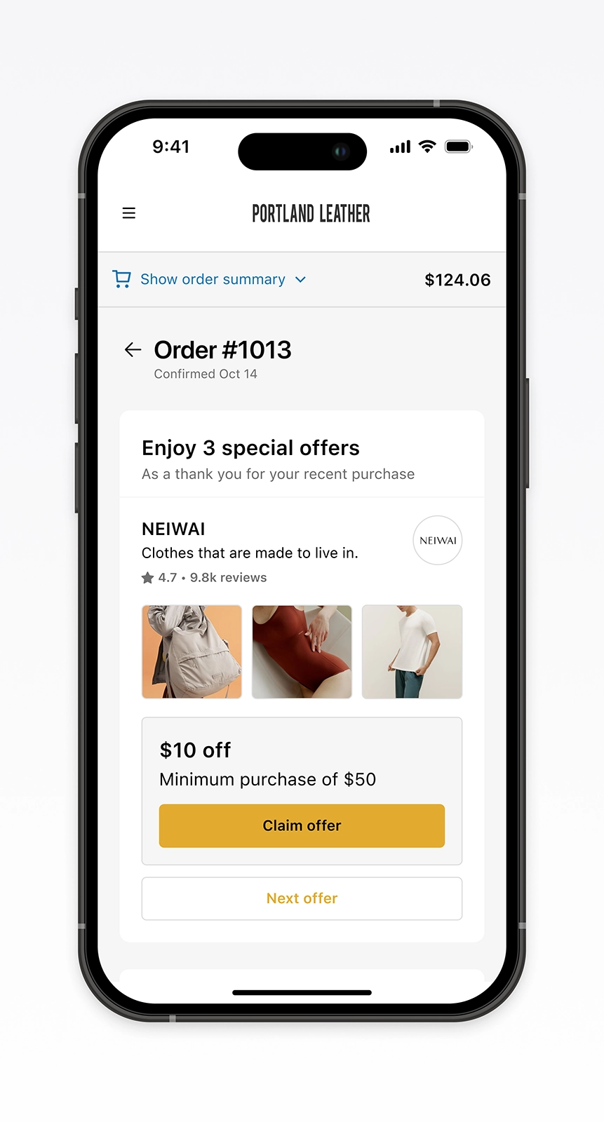 Mobile post-purchase flow for Portland Leather showcasing a personalized NEIWAI $10 off offer. Demonstrates conversion-focused ecommerce UX that integrates relevant brand rewards into the order confirmation experience to encourage continued shopping and post-purchase engagement powered by Disco.