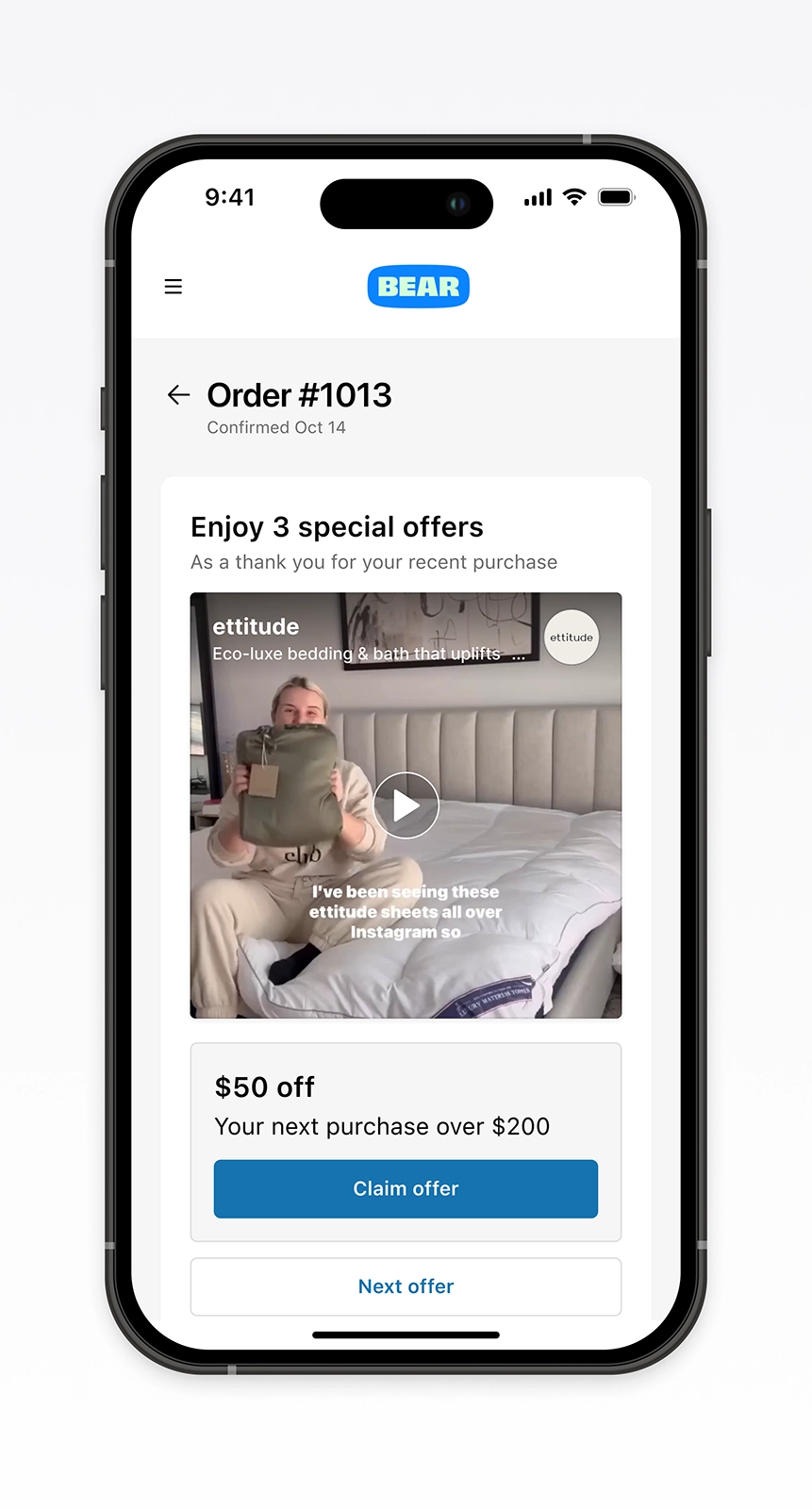 Mobile post-purchase screen for Bear integrating video into the offer module. Highlights an Ettitude $50 off promotion featuring social proof to build trust and engagement, demonstrating conversion-focused ecommerce UX and post-purchase design powered by Disco.