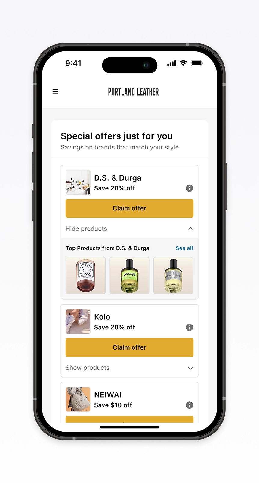 Mobile post-purchase screen for Portland Leather showcasing personalized offers from brands like D.S. & Durga, Koio, and NEIWAI. Demonstrates a redesigned offer layout focused on relevance, discoverability, and conversion-driven ecommerce UX powered by Disco.