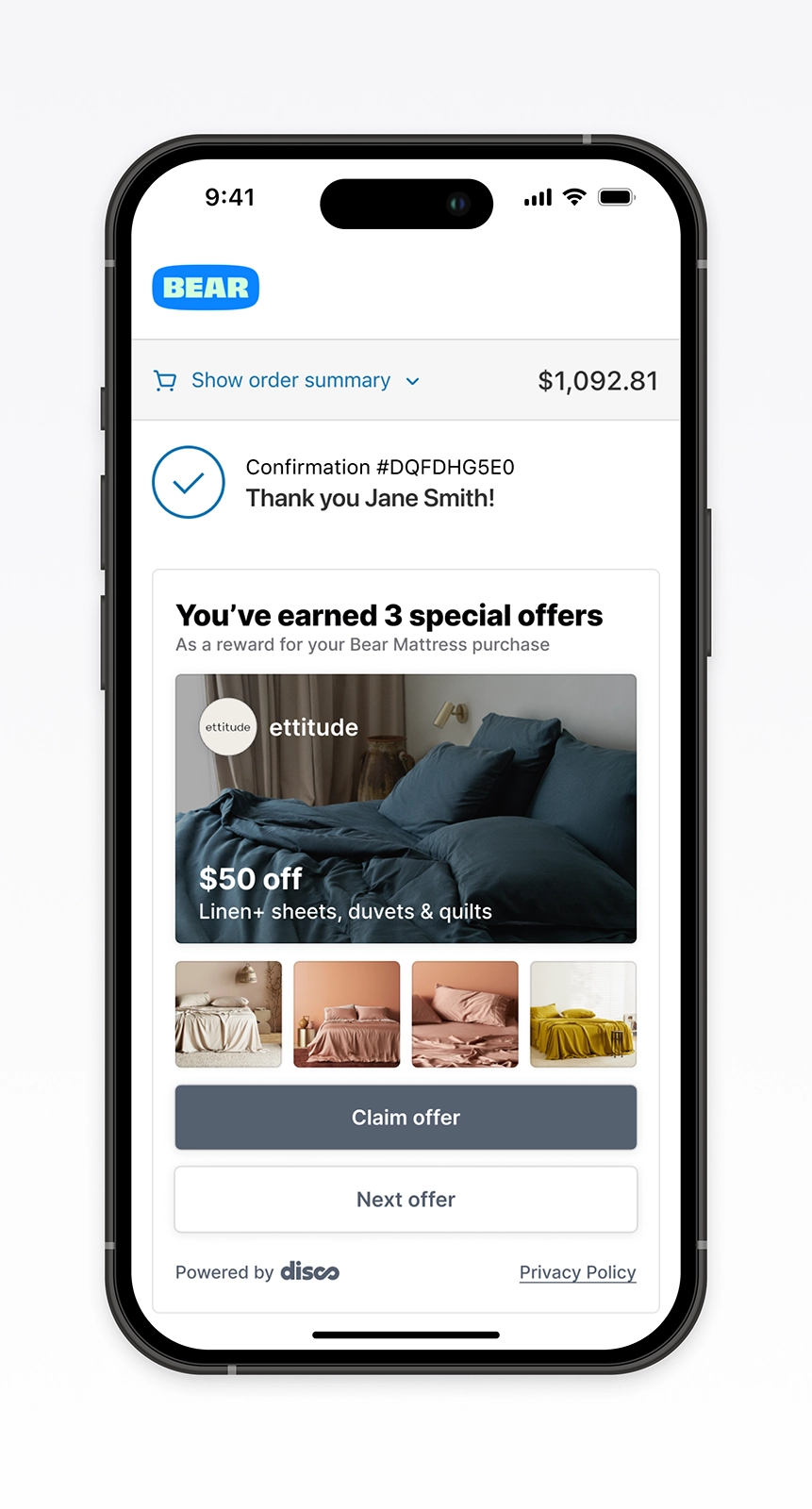 Mobile post-purchase flow for Bear showcasing personalized reward offers after checkout. Highlights an Attitude $50 off promotion as part of a tailored offer carousel, demonstrating conversion-focused ecommerce UX and seamless offer redemption powered by Disco.