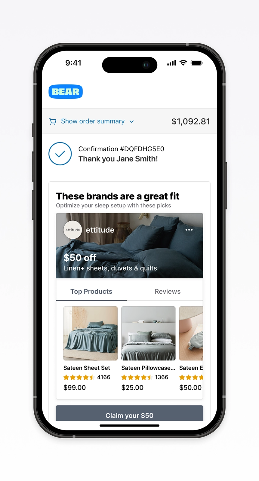 Mobile post-purchase experience for Bear showcasing personalized brand recommendations. Features an Ettitude $50 off promotion with product previews, illustrating a refined ecommerce UX focused on relevance, conversion design, and seamless offer redemption powered by Disco.