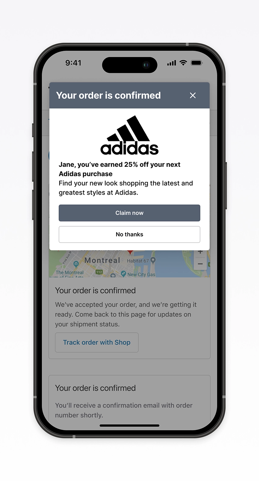 Mobile post-purchase experience demonstrating an Adidas offer surfaced immediately after order confirmation. Highlights a contextual offer modal designed to capture shopper attention at peak engagement, showcasing conversion-focused ecommerce UX and seamless offer redemption within the checkout flow.