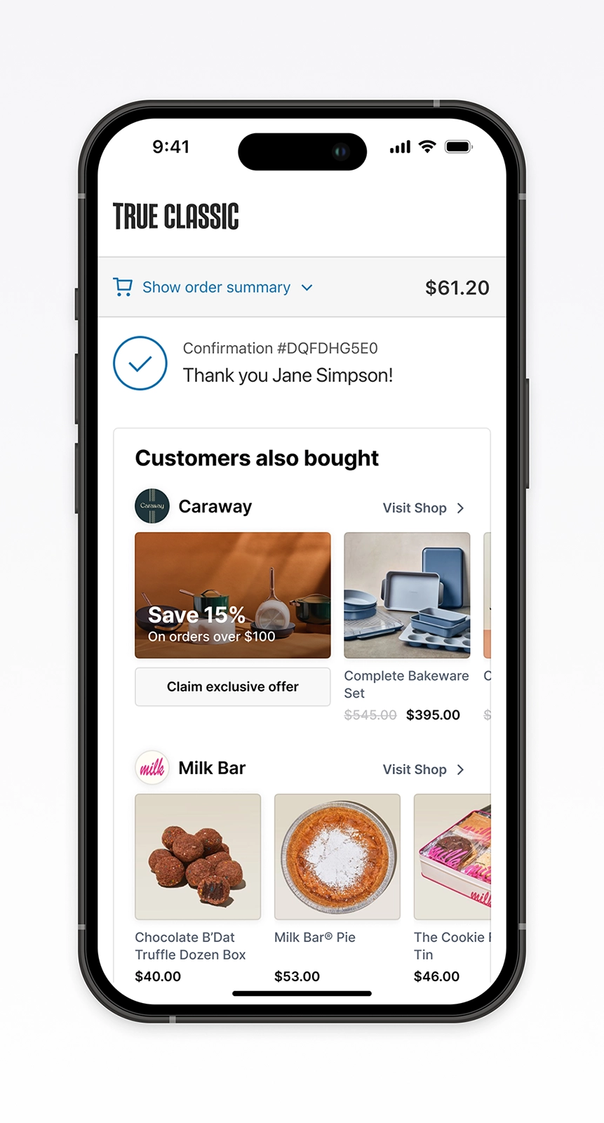 Mobile post-purchase screen for True Classic highlighting a cross-brand offer module. Shows how shoppers discover and claim a 15% off Caraway promotion within the order confirmation flow, demonstrating personalized ecommerce UX and conversion-focused post-purchase design powered by Disco.