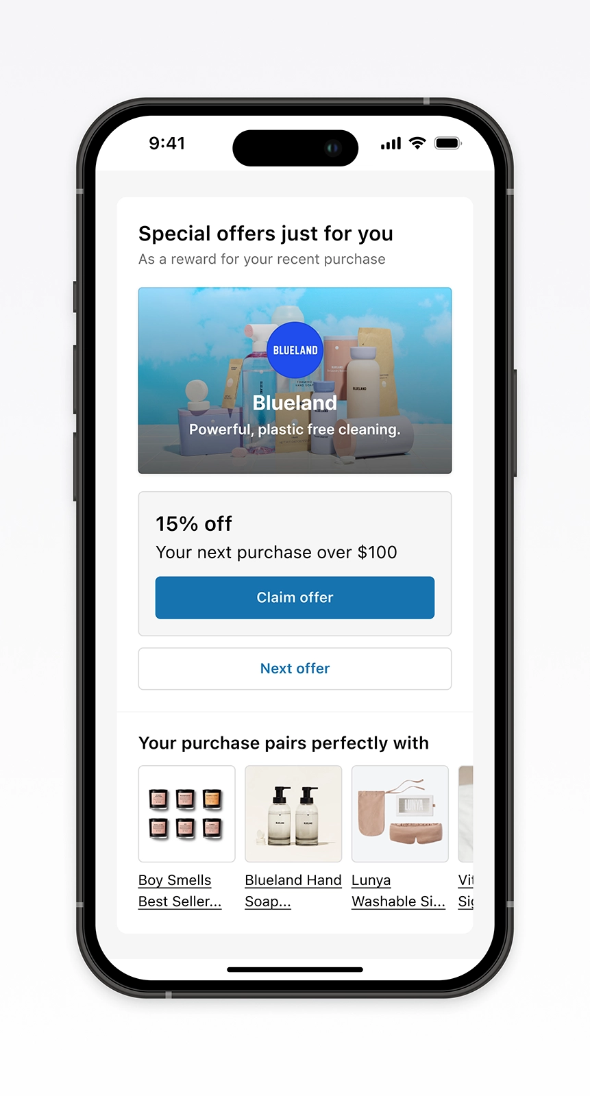 Mobile post-purchase screen for Caraway featuring a personalized Blueland 15% off offer and complementary product suggestions. Demonstrates conversion-focused ecommerce UX and a seamless post-purchase experience that integrates personalized rewards and cross-brand discovery powered by Disco.