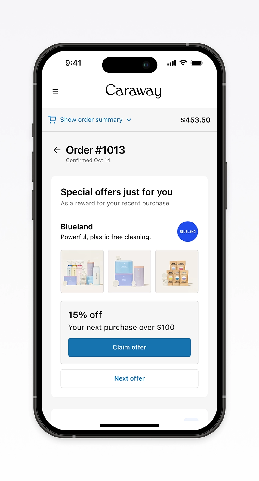 Mobile post-purchase flow for Caraway featuring a Blueland 15% off promotion integrated into the order confirmation page. Demonstrates conversion-focused ecommerce UX that surfaces personalized offers to encourage engagement and seamless redemption powered by Disco.