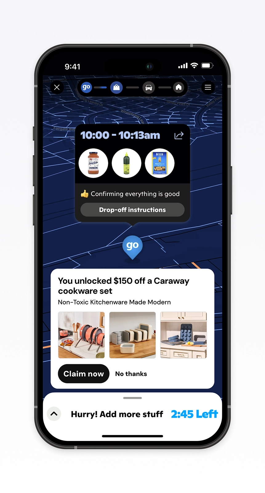 Mobile in-transit experience concept showing a Caraway $150 off cookware offer surfaced during a delivery tracking moment. Demonstrates contextual ecommerce UX that integrates real-time engagement and conversion opportunities into the on-demand delivery flow.