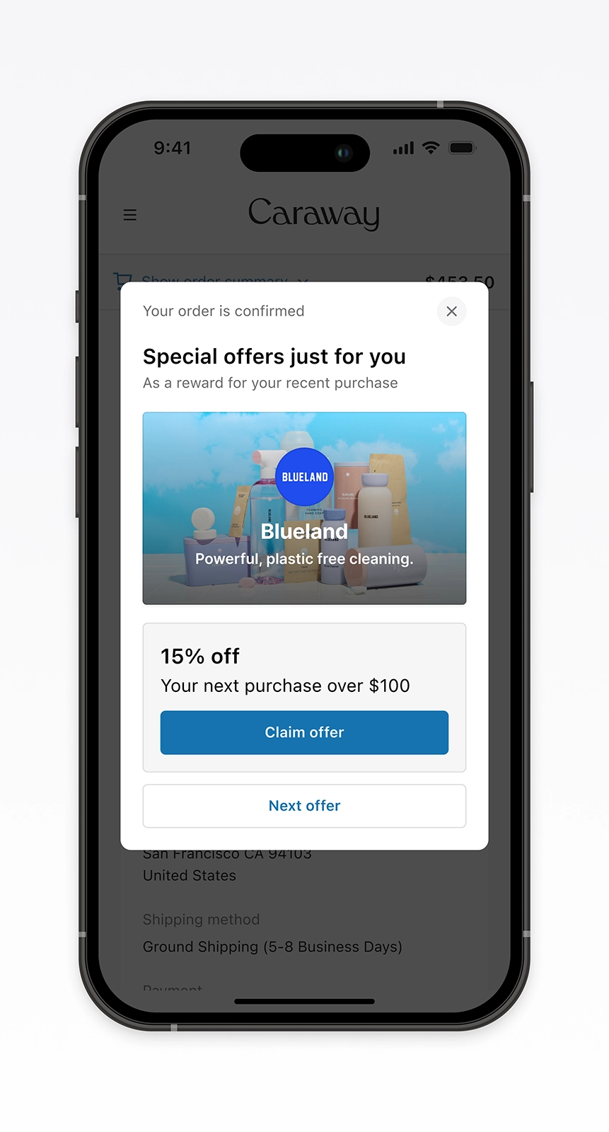 Mobile post-purchase screen for Caraway featuring a Blueland 15% off offer displayed in a confirmation modal. Demonstrates conversion-focused ecommerce UX that surfaces personalized rewards immediately after checkout to drive engagement and offer redemption powered by Disco.