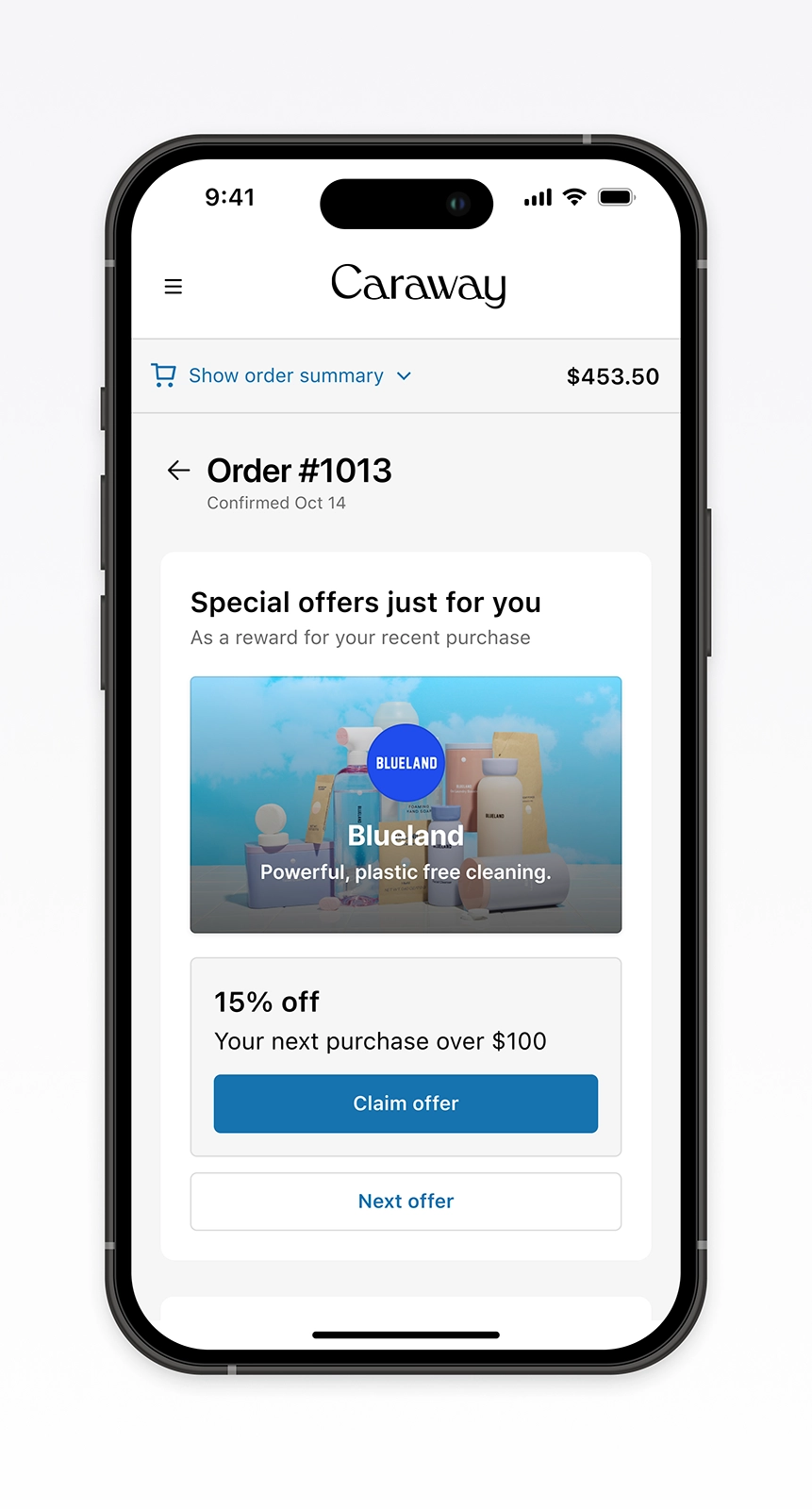 Mobile post-purchase experience for Caraway displaying a personalized Blueland offer within the order confirmation page. Demonstrates an improved ecommerce UX that surfaces relevant rewards contextually, streamlining offer redemption and driving higher conversion through clear visual hierarchy powered by Disco.