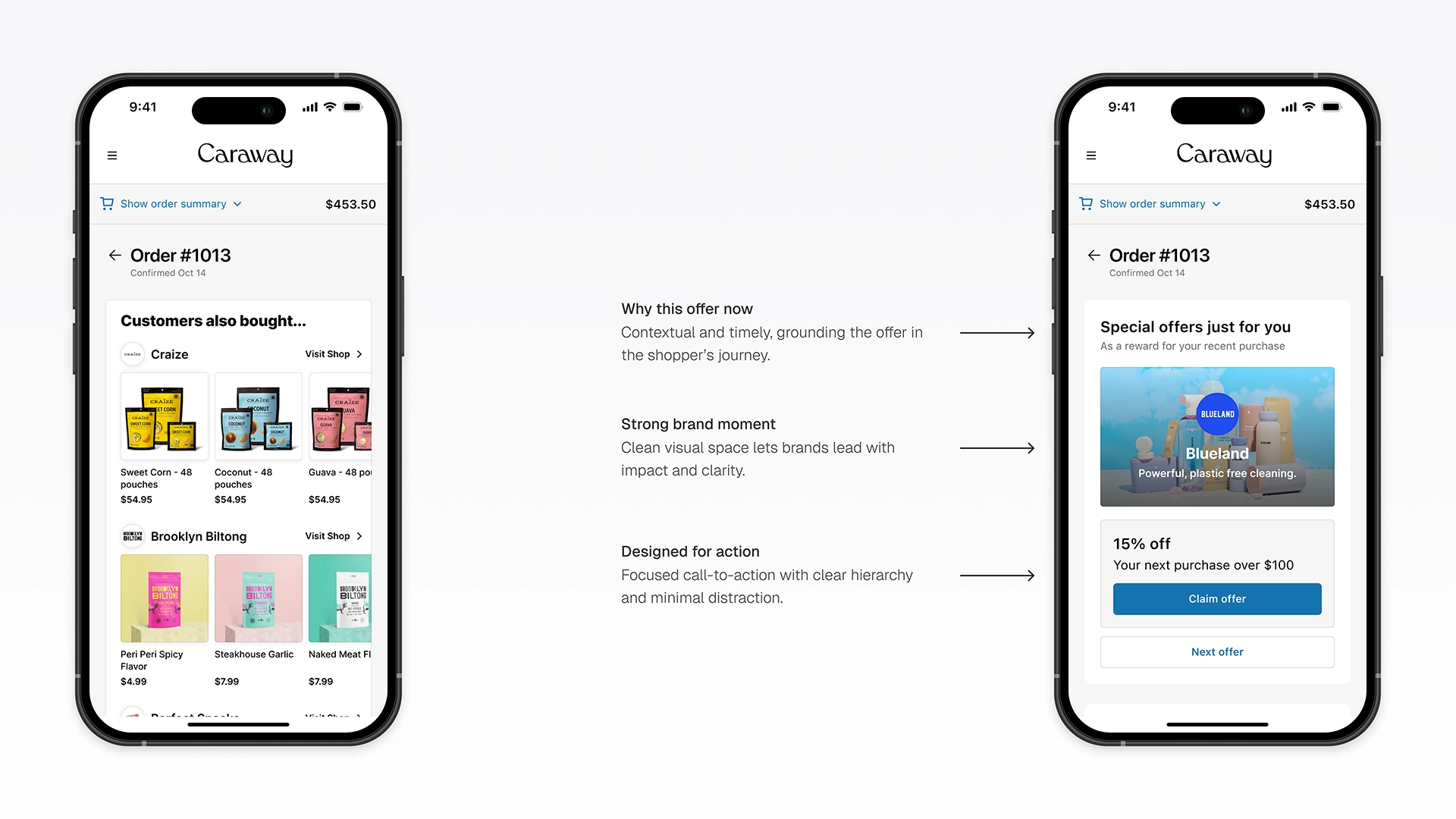 Side-by-side mobile post-purchase screens for Caraway comparing the previous cross-sell layout with a redesigned offer module. Highlights an improved ecommerce UX focused on contextual timing, stronger brand visibility, and clearer conversion hierarchy to drive higher engagement powered by Disco.