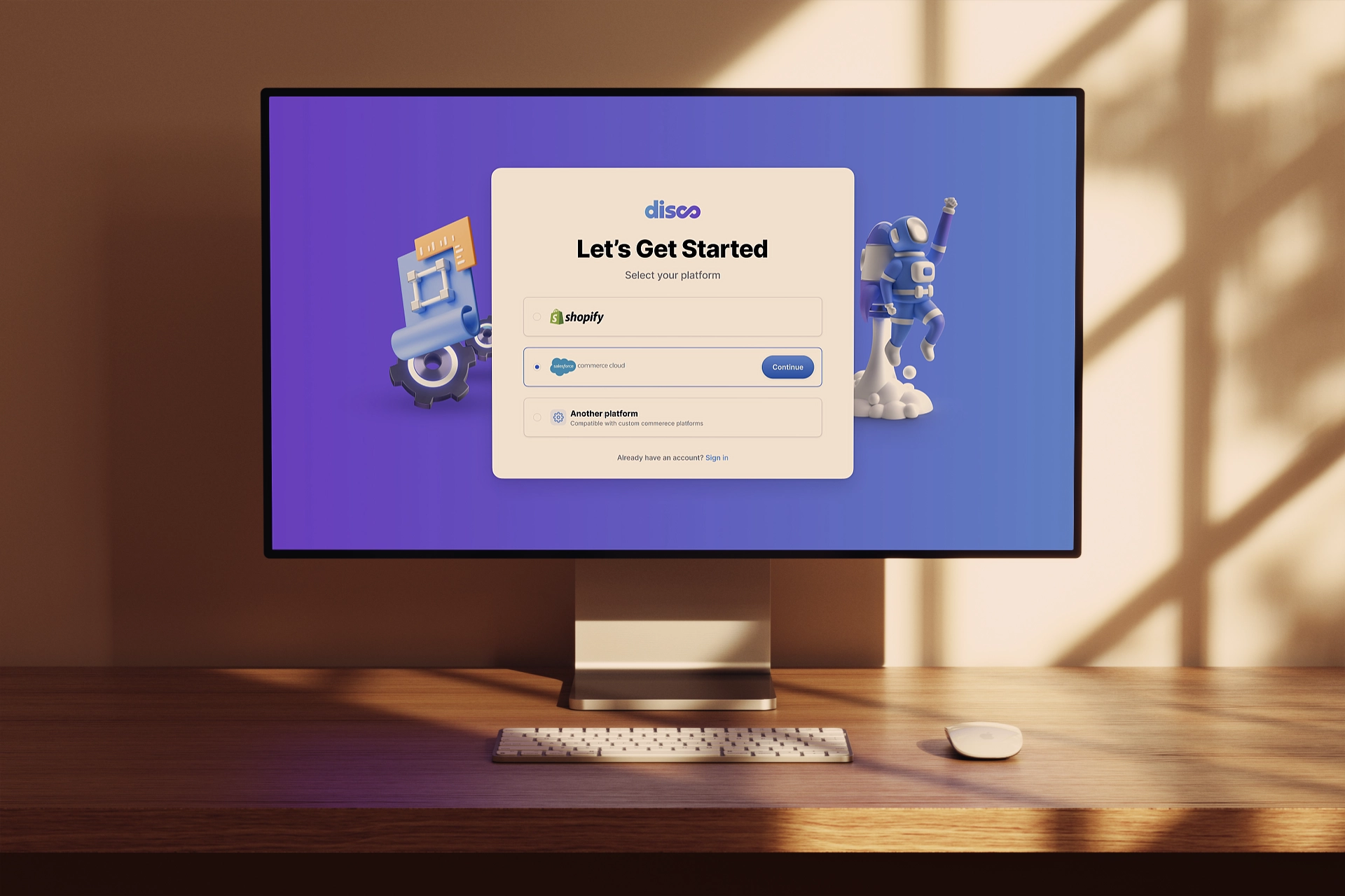 Disco's brand setup screen on a monitor in afternoon light, where a merchant picks an ecommerce platform to connect their store. Part of a case study on The Disco Network, which moved onboarding from 1:1 support to self-serve.